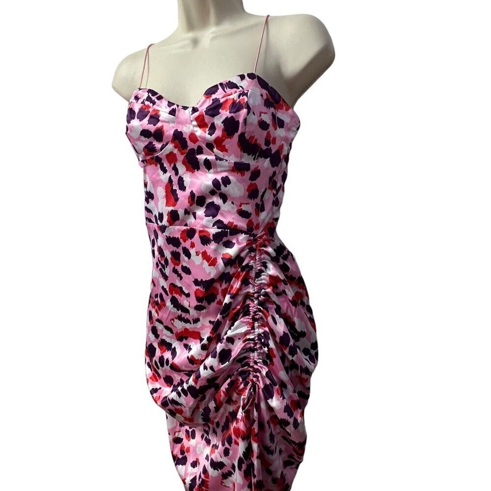 Asos Design Midi Dress Size 4 Satin Cami Pink Purple Leopard‎ Ruched Side Party - Picture 7 of 16